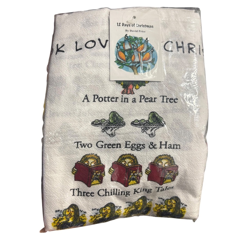 David Price Book Lover's 12 Days of Christmas Tea Towel Set 2pc Cotton 18x26 NEW